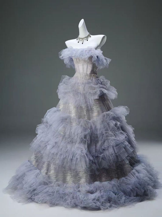 Fairy Ball Gown Strapless Lavender Inspired Tulle Ruffle Long Prom Dress,Evening Dress GG635