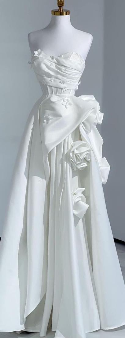 Fairy A Line Strapless Sweetheart White Satin Flower Long Prom Dress,Evening Dress GG636