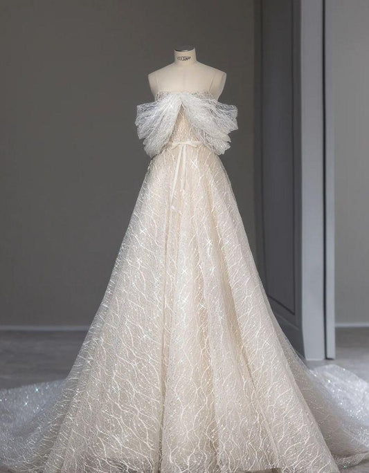 Fairy A Line Off The Shoulder Light Champagne Tulle Sequin Long Prom Dress,Evening Dress GG637