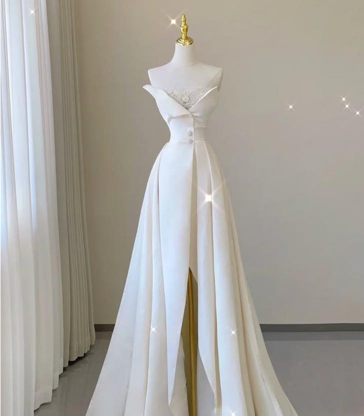 Elegant A Line Sweetheart White Chiffon Slit Long Prom Dress,Evening Dress GG640
