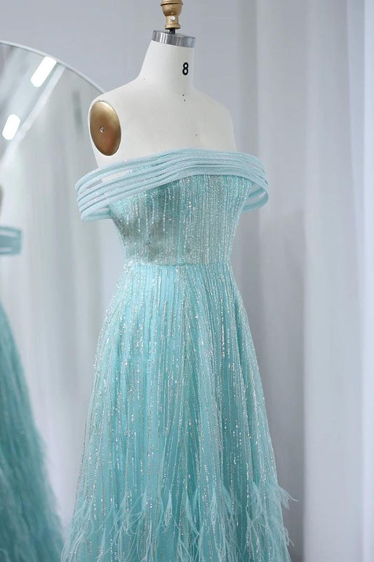 Glam A Line Off The Shoulder Beading Tulle Imitation Feather Long Prom Dress,Evening Dress GG641