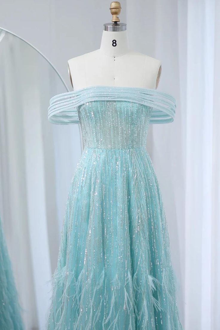 Glam A Line Off The Shoulder Beading Tulle Imitation Feather Long Prom Dress,Evening Dress GG641