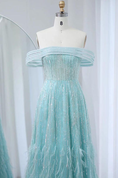 Glam A Line Off The Shoulder Beading Tulle Imitation Feather Long Prom Dress,Evening Dress GG641