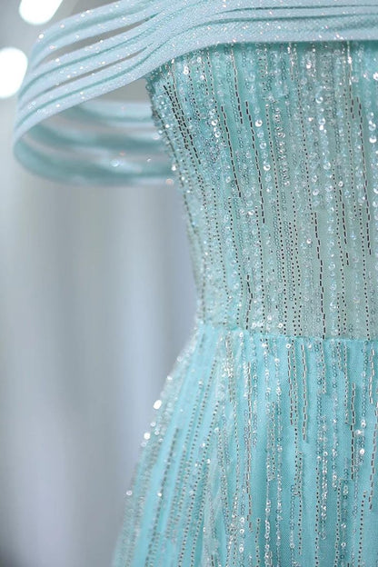 Glam A Line Off The Shoulder Beading Tulle Imitation Feather Long Prom Dress,Evening Dress GG641