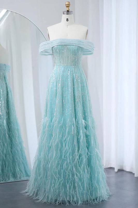 Glam A Line Off The Shoulder Beading Tulle Imitation Feather Long Prom Dress,Evening Dress GG641