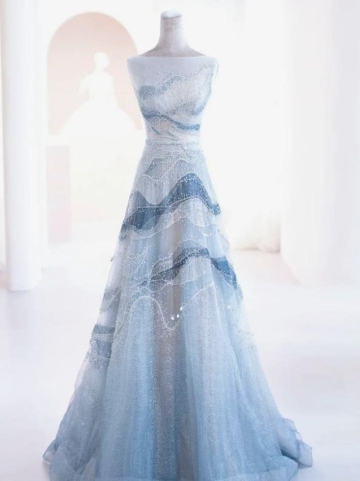 Energetic A Line Strapless Ombre Wave Tulle Long Prom Dress,Evening Dress GG648