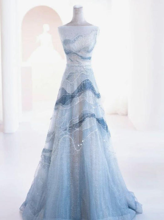 Energetic A Line Strapless Ombre Wave Tulle Long Prom Dress,Evening Dress GG648