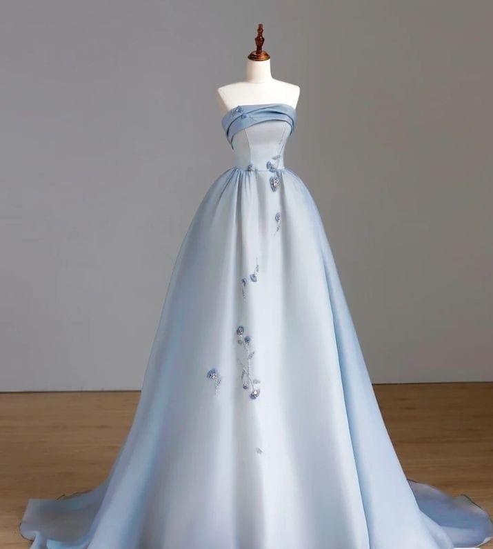 Elegant A Line Strapless Pale Blue Satin Pleats  Long Prom Dress,Evening Dress GG660