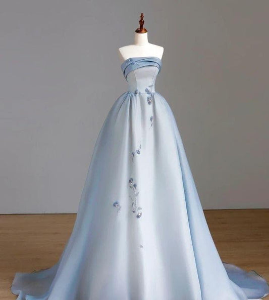 Elegant A Line Strapless Pale Blue Satin Pleats  Long Prom Dress,Evening Dress GG660