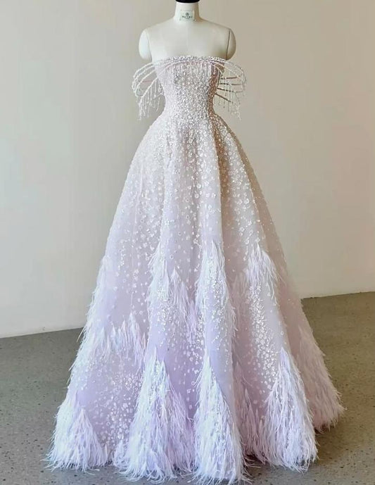 Glam A Line Off The Shoulder Beaded Imitation Feather Chiffon Long Prom Dress,Evening Dress GG665