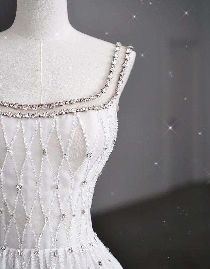 Glam A Line Square Beaded White Chiffon Long Prom Dress,Evening Dress GG666