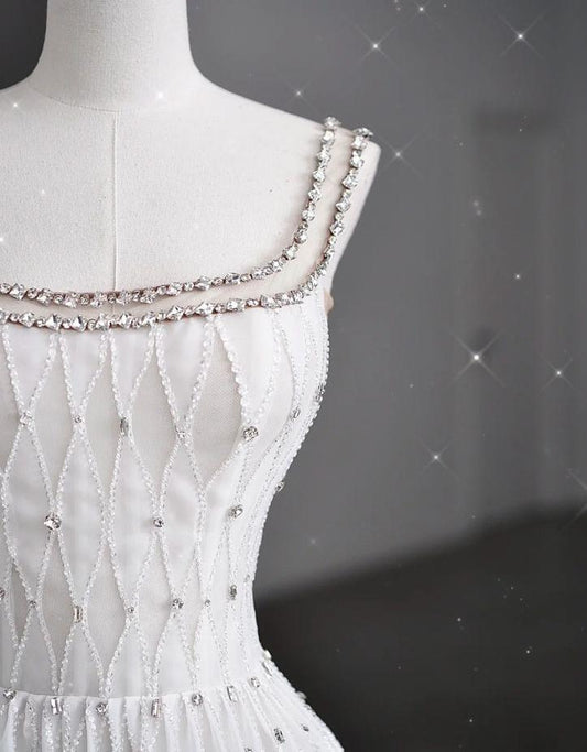 Glam A Line Square Beaded White Chiffon Long Prom Dress,Evening Dress GG666