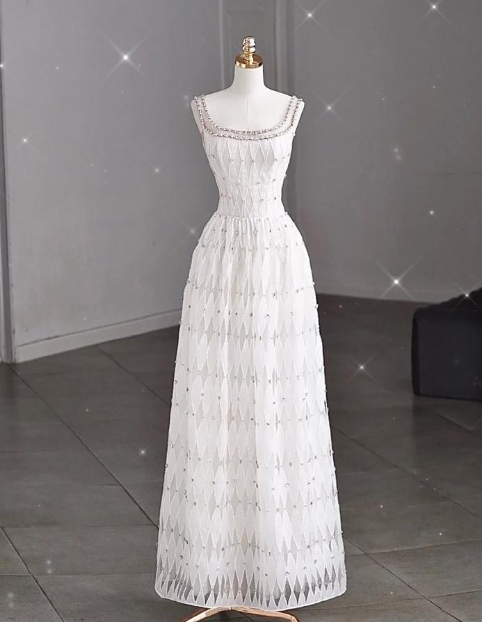 Glam A Line Square Beaded White Chiffon Long Prom Dress,Evening Dress GG666