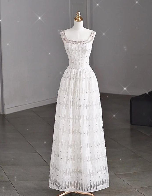 Glam A Line Square Beaded White Chiffon Long Prom Dress,Evening Dress GG666