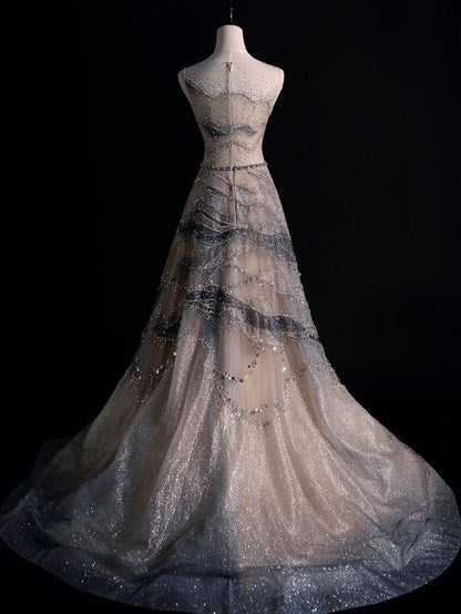 Chic A Line Tulle Sheer Neck Tulle Beading Long Prom Dress,Evening Dress GG668