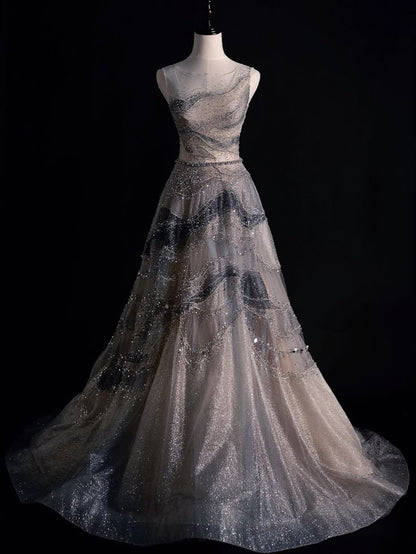 Chic A Line Tulle Sheer Neck Tulle Beading Long Prom Dress,Evening Dress GG668