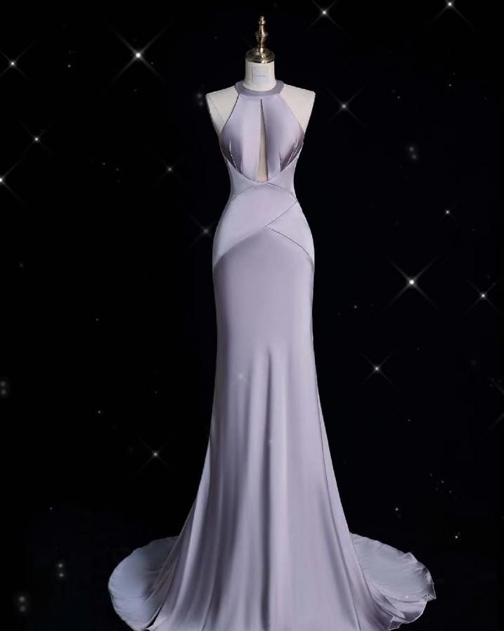 Elegant Mermaid Halter Lilac Silk Long Prom Dress,Evening Dress GG669