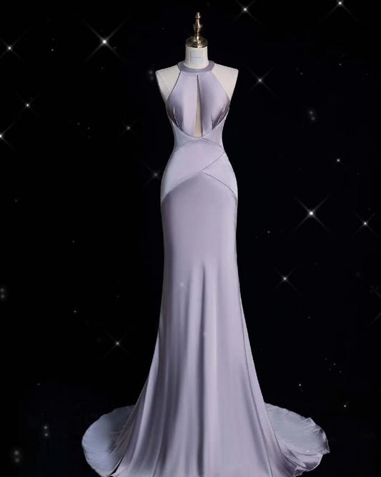 Elegant Mermaid Halter Lilac Silk Long Prom Dress,Evening Dress GG669