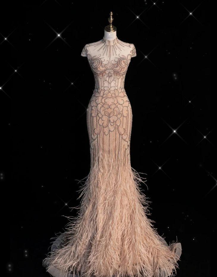 Glam Mermaid Half High Neck Beading Tulle Feather Long Prom Dress,Evening Dress GG677