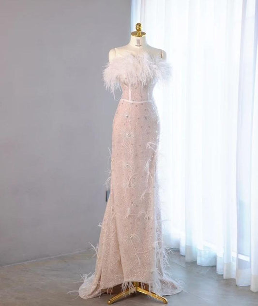 Graceful Mermaid Strapless Beading Satin Feather Long Prom Dress,Evening Dress GG678