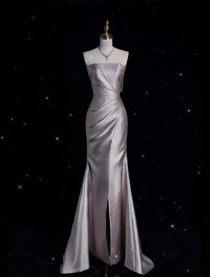 Simple Mermaid Strapless Satin Pleats Silt Long Prom Dress,Evening Dress GG684