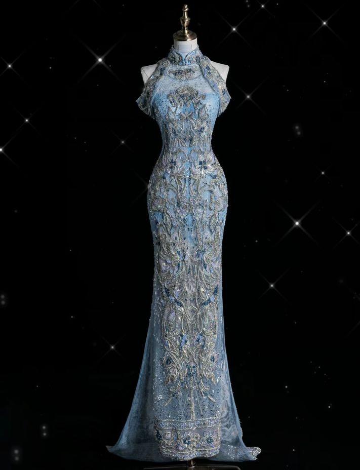 Retro Mermaid Off The Shoulder Beading Applique Satin Long Prom Dress,Evening Dress GG685