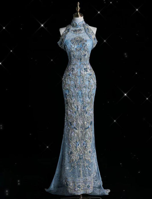 Retro Mermaid Off The Shoulder Beading Applique Satin Long Prom Dress,Evening Dress GG685