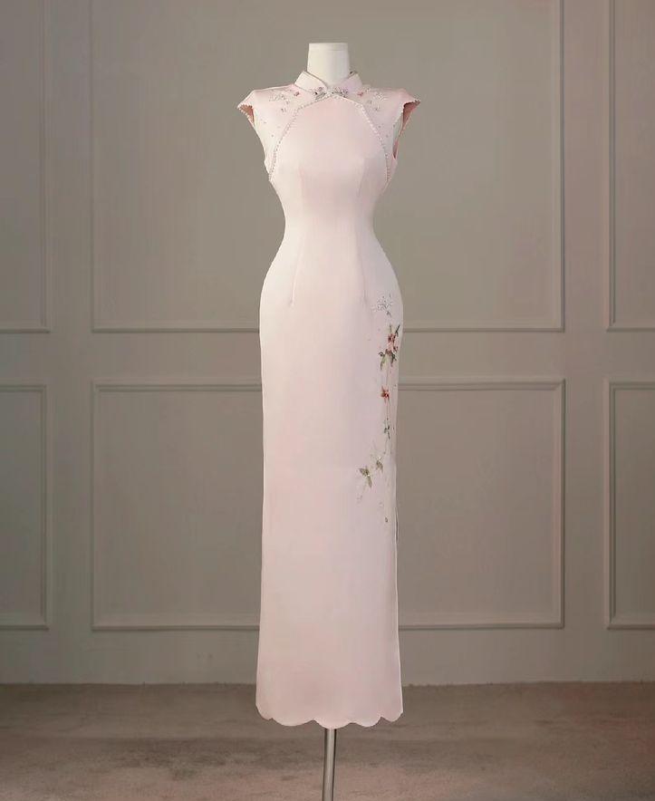 Elegant Mermaid Chinese Neck Applique Soft Pink Satin Long Prom Dress,Evening Dress GG686