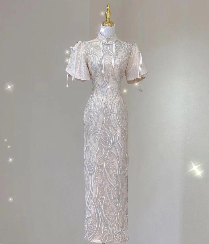 Elegant Mermaid Chinese Neck Applique Short Sleeve Satin Long Prom Dress,Evening Dress GG687