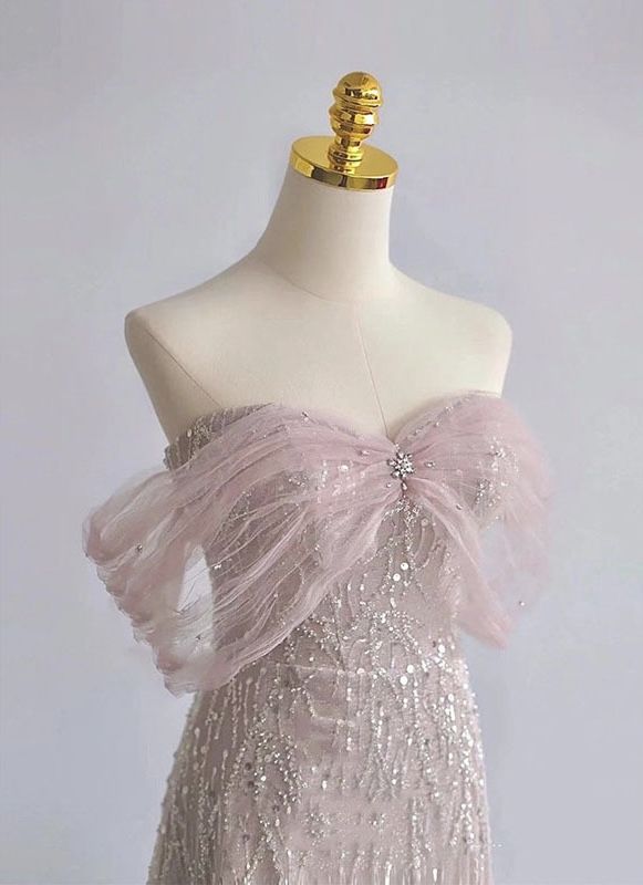 Exquisite A Line Off The Shoulder Tulle Beaded Pink Sequin Long Prom Dress,Evening Dress GG689