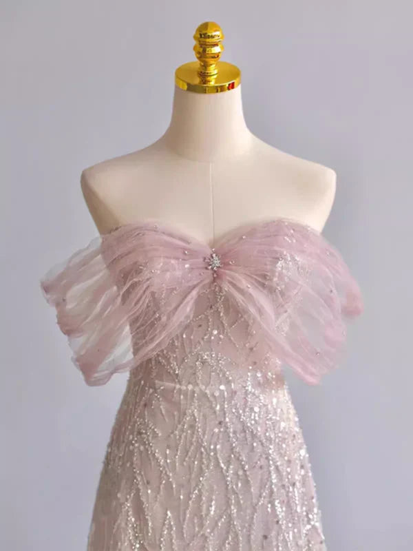 Exquisite A Line Off The Shoulder Tulle Beaded Pink Sequin Long Prom Dress,Evening Dress GG689