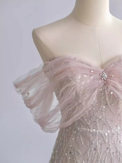 Exquisite A Line Off The Shoulder Tulle Beaded Pink Sequin Long Prom Dress,Evening Dress GG689