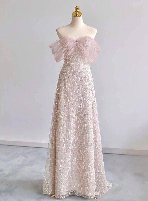 Exquisite A Line Off The Shoulder Tulle Beaded Pink Sequin Long Prom Dress,Evening Dress GG689