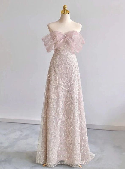 Exquisite A Line Off The Shoulder Tulle Beaded Pink Sequin Long Prom Dress,Evening Dress GG689