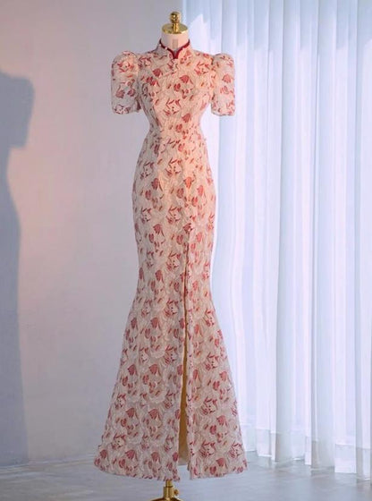 Delicate Mermaid Chinese Neck Applique Short Sleeve Satin Silt Long Prom Dress,Evening Dress GG690