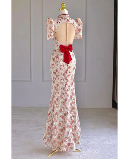 Delicate Mermaid Chinese Neck Applique Short Sleeve Satin Silt Long Prom Dress,Evening Dress GG690