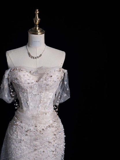 Delicate Mermaid Off The Shoulder Pink Tulle Beaded Long Prom Dress,Evening Dress GG692