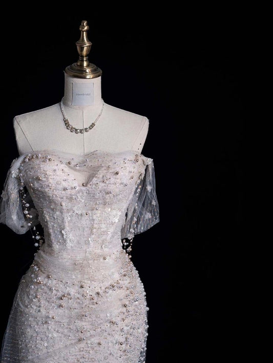 Delicate Mermaid Off The Shoulder Pink Tulle Beaded Long Prom Dress,Evening Dress GG692