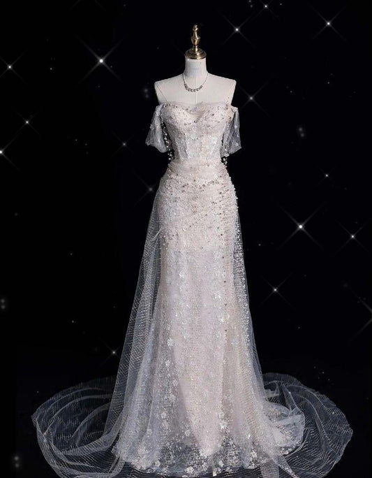 Delicate Mermaid Off The Shoulder Pink Tulle Beaded Long Prom Dress,Evening Dress GG692