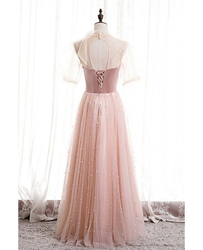 Retro A Line Tulle Neck Beaded Nude Pink Tulle Long Prom Dress,Evening Dress GG693