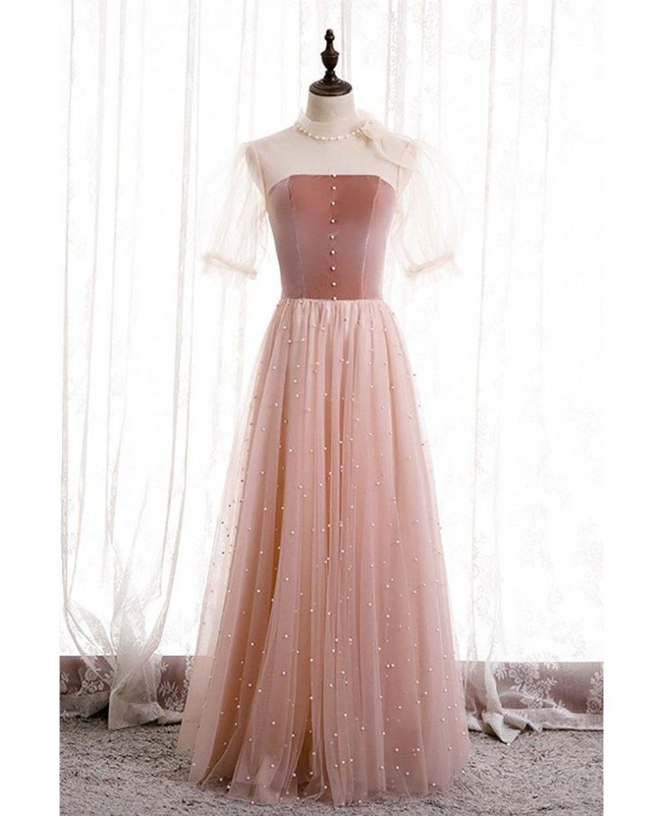 Retro A Line Tulle Neck Beaded Nude Pink Tulle Long Prom Dress,Evening Dress GG693