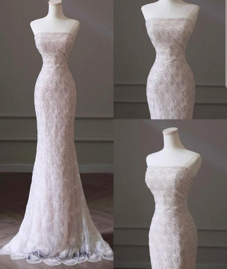 Delicate Mermaid Strapless Light Pink Lace Beaded Long Prom Dress,Evening Dress GG694