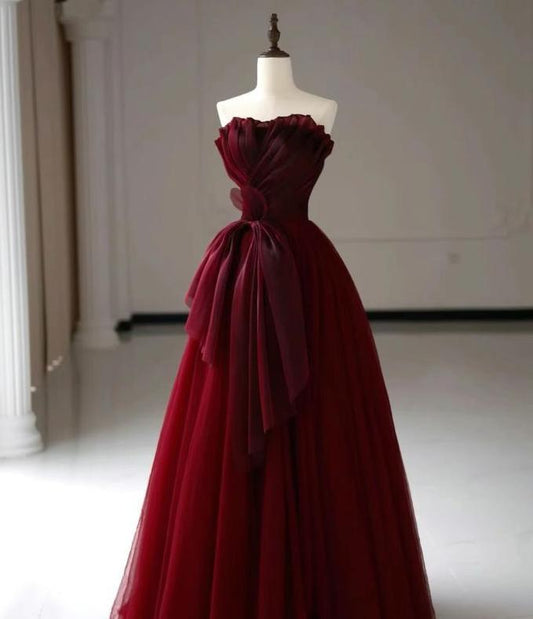 Gradient A Line Strapless Burgundy Tulle Long Prom Dress,Evening Dress GG695