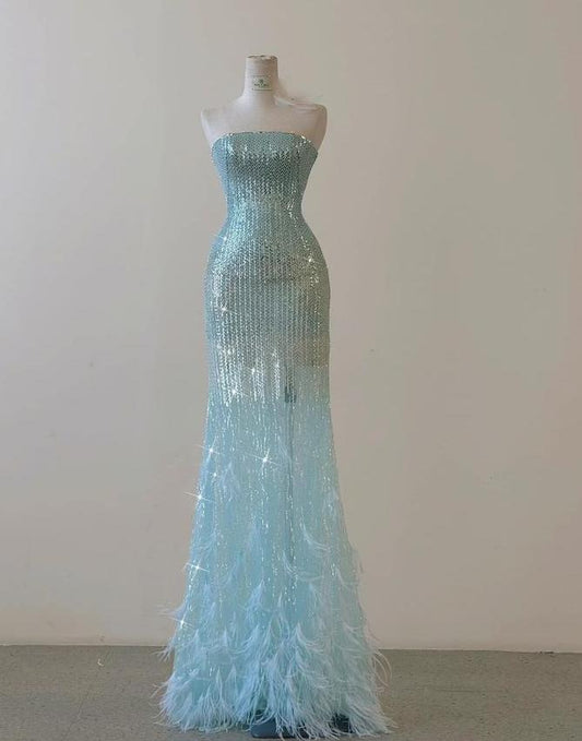 Glitter Mermaid Strapless Beaded Tiffany Blue Tulle Hem Feather Long Prom Dress,Evening Dress GG697