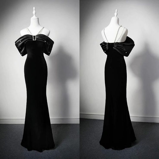 Elegant Mermaid Off The Shoulder Black Velvet Beaded Long Prom Dress,Evening Dress GG698