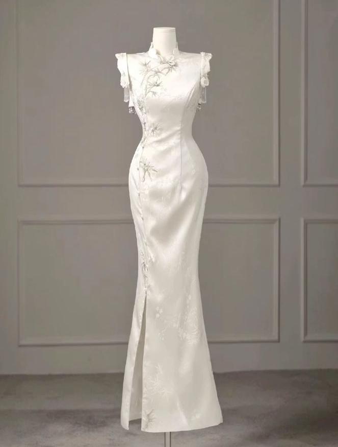 Dignified Mermaid Chinese Neck White Satin Applique Slit Long Prom Dress,Evening Dress GG699