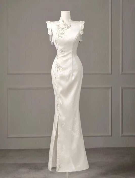 Dignified Mermaid Chinese Neck White Satin Applique Slit Long Prom Dress,Evening Dress GG699