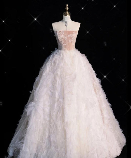 Graceful Ball Gown Strapless Pink Tulle Applique Long Prom Dress,Evening Dress GG700