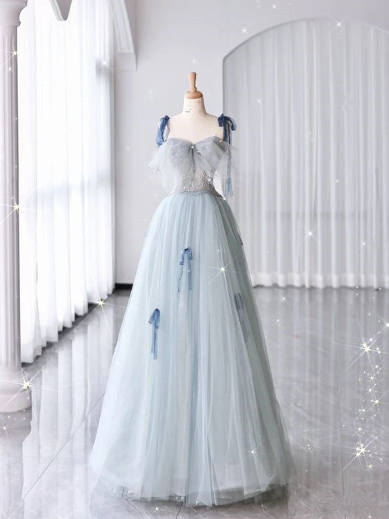 Fairy A Line Spaghetti Straps Light Blue Tulle Bow Long Prom Dress,Evening Dress GG702