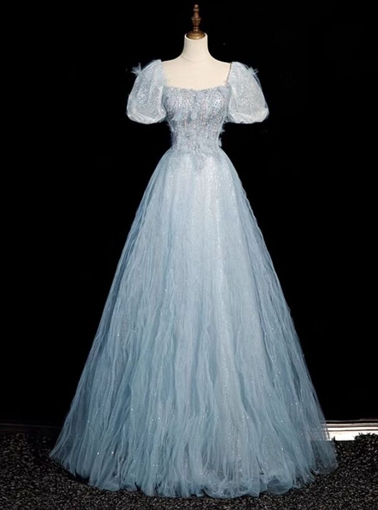 Princessful A Line Square Pale Blue Tulle Sequins Puff Sleeve Beading Long Prom Dress,Evening Dress GG703